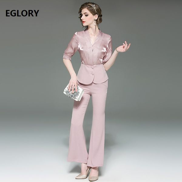 

women's set 2019 spring summer autumn business suit woman v-neck long sleeve shirt+full length pant set female work suits, White