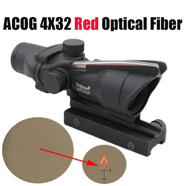 

Hunting Rifle Scope ACOG 4X32 Fiber Optics Red Dot Illuminated Chevron Glass Etched Reticle Tactical Real Red Fiber Optical Sight