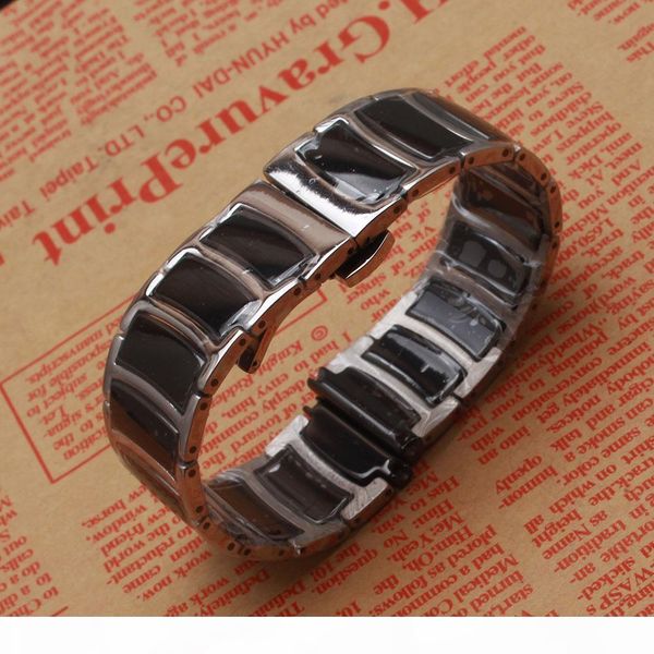 

20mm 22mm polished ceramic watchband black with silver metal watch band strap bracelet butterfly deployment for smart wrist watches gear s3, Black;brown