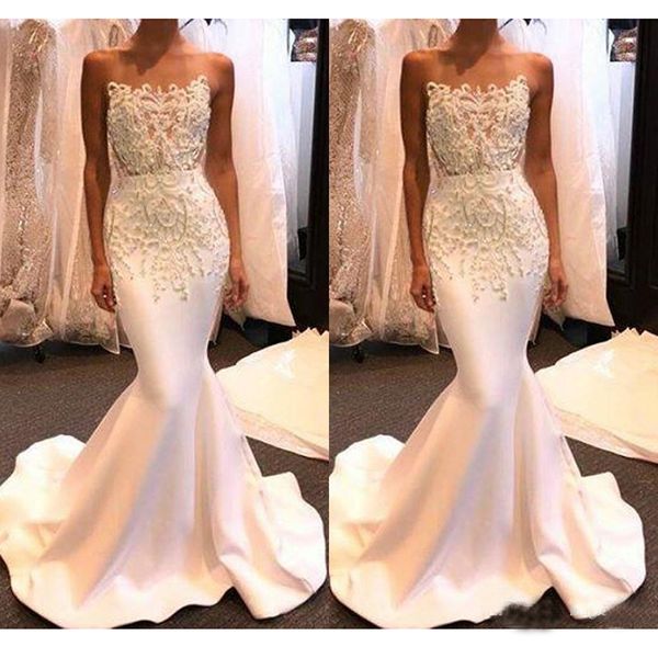 

Sexy White Strapless Evening Gowns 2019 Shiny Long Mermaid Prom Dresses with Beading Custom Made Cheap Party Gowns