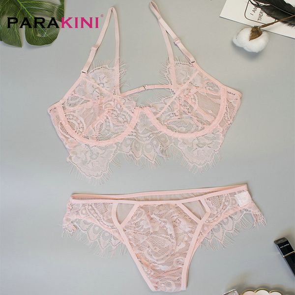 

parakini pink wireless eyelash lace floral swimsuit set women bra and brief sets summer transparent bikini set, White;black