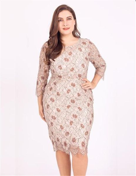 

plus size women summer dresses o-neck 3/4 sleeve lace hollow out dress women flora printed casual dresses female clothes, Black;gray