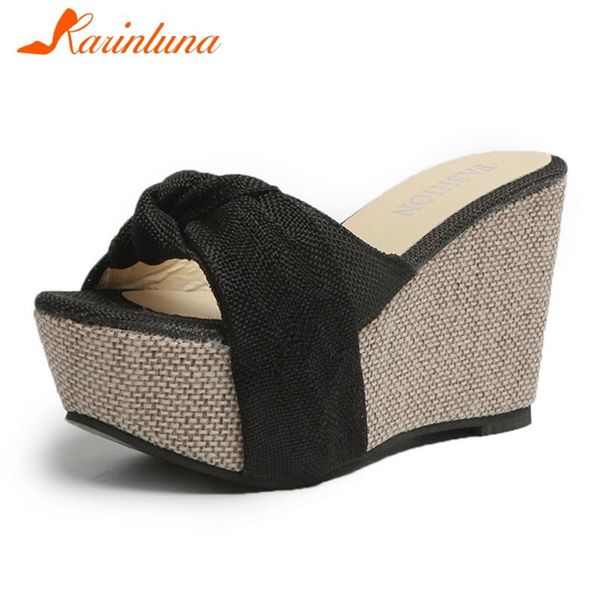 

karin new fashion wholesale wedge high heels summer slippers woman shoes peep toe outside platform shoes women slippers, Black