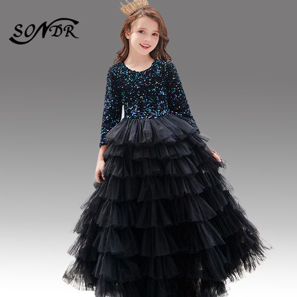 

colorful sequin flower girl dress ht110 o-neck long sleeve girls wedding party dresses floor-length kids elegant party ball gown, Red;yellow