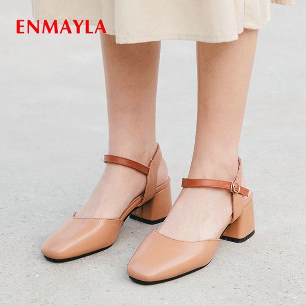 

enmayla мода круглый носок pu обувь женщина повседневная пряжка ремень смешанные цвета высокий каблук сандалии мелкий квадратный каблук женс, Black