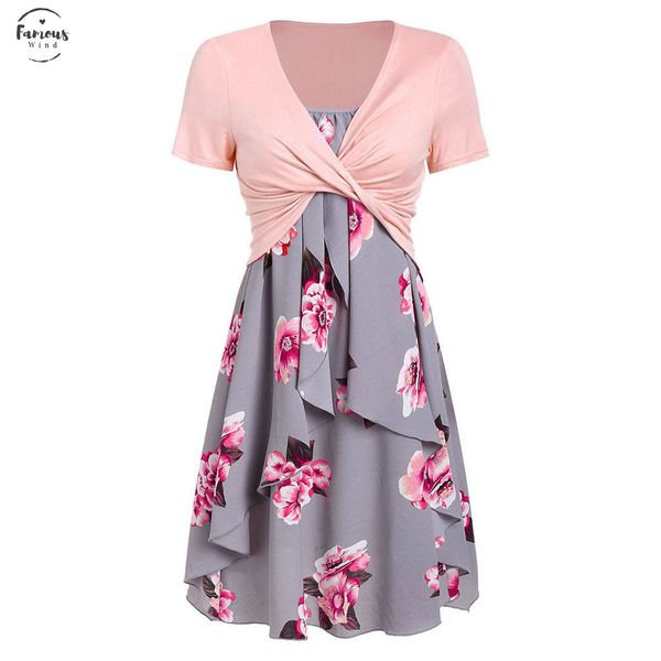 

sleeper 401 fashion summer short sleeve front criss cross floral print mini party dress suits ing, Black;gray