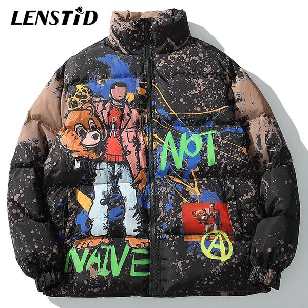 

2019 hip hop cartoon graffiti streetwear winter padded jacket parka men vintage outwear windbreaker harajuku puffer coat, Black