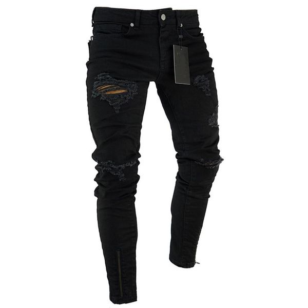 

januarysnow fashion men ripped skinny jeans stretch destroyed frayed slim fit denim pant with zipper pencil pants trousers, Blue