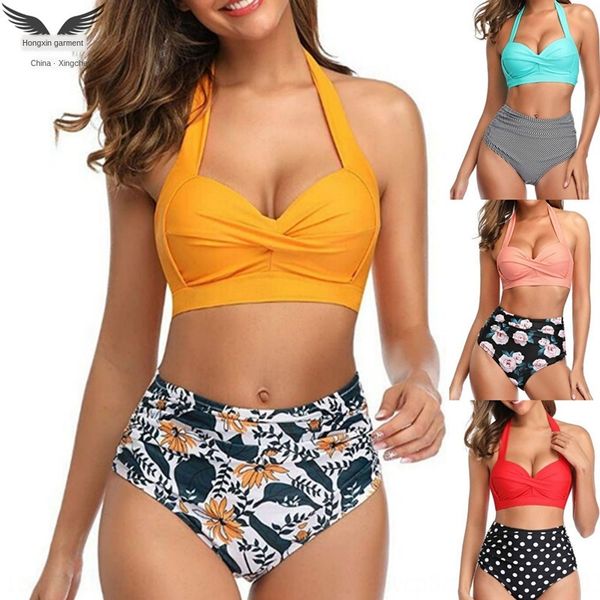 

2020 swimsuit bikini bikini multicolor printing twisted bag high waist split spring swimsuit, White;black