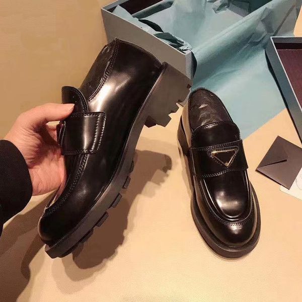 

british thick sole women loafers black leather casual flat shoes woman round toe slip on runway platform shoes