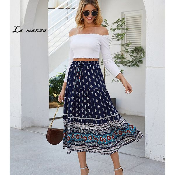 

bohemian vintage loose women skirt 2020 summer print long skirt casual elegant women, Black