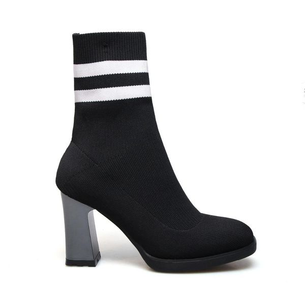 

arden furtado 2018 spring autumn chunky heels 8cm girls striped cloth casual ankle boots shoes woman fashion socks boots women's, Black