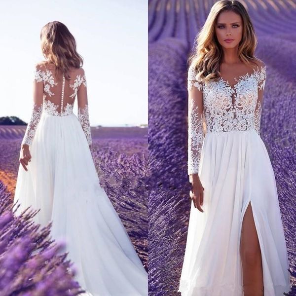 

2020 новые дешевые bohemian кружева свадебные платья бич sheer шеи аппликация свадебное платье с длинными рукавами backless свадебные платья, White
