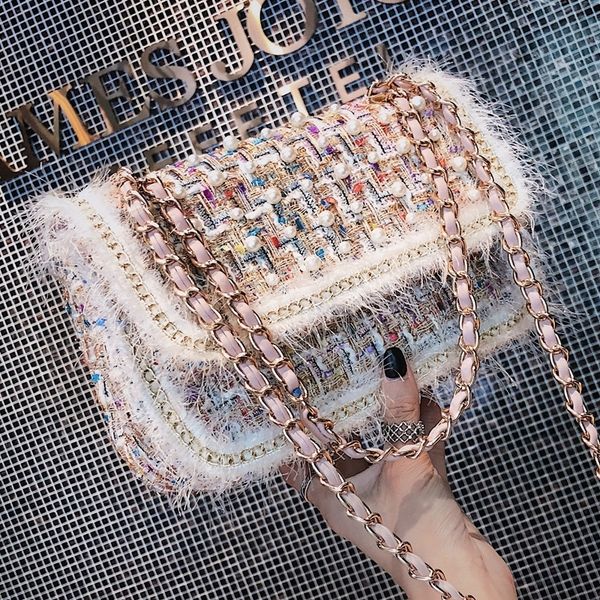 

Красочные Перл Crossbody Сумки Для Женщин 2019 Зима Твид Шерстяные Сумки Маленькие Диза