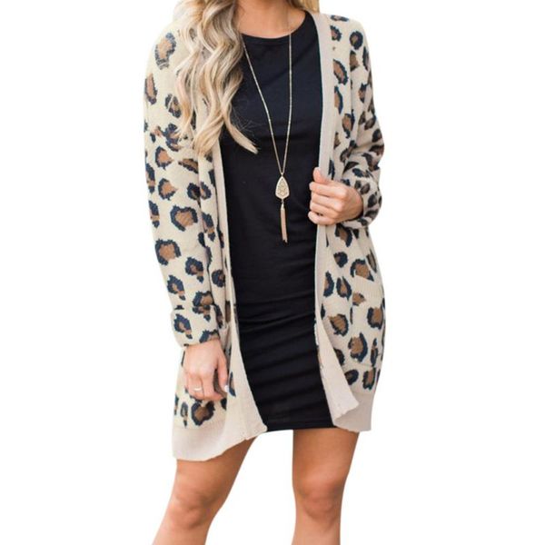 

women long sleeve warm long coat casual leopard print slim pocket jacket loose cardigan, Black;brown