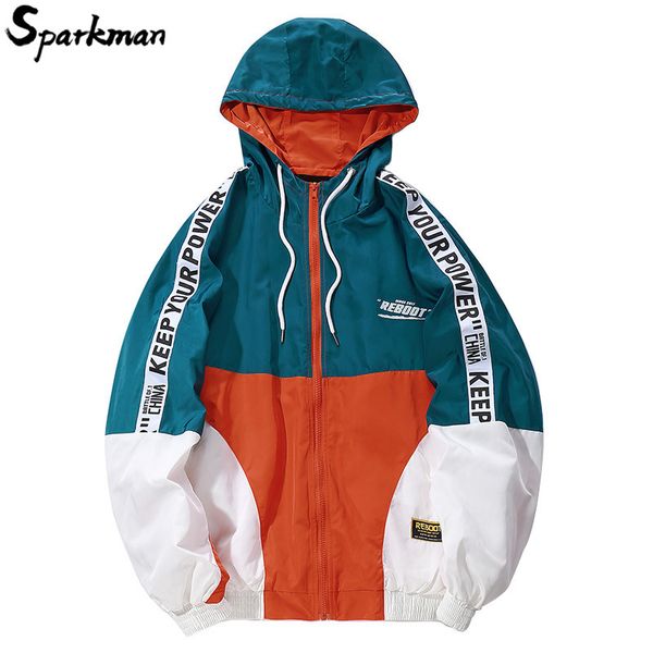 

hip hop men jacket hooded windbreaker 2018 autumn streetwear vintage color block loose zipper track jacket hoodie coats hiphop, Black;brown