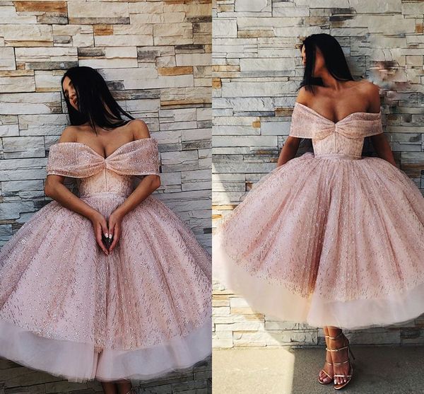 

romantic rose gold tea length ball gown prom dresses off the shoulder with sleeves ruched party formal dress evening gowns new, Black
