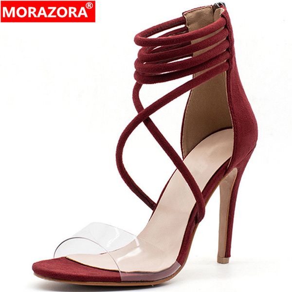 

morazora 2019 new fashion thin high heels sandals ladies zipper pvc summer party wedding shoes rome sandals women black