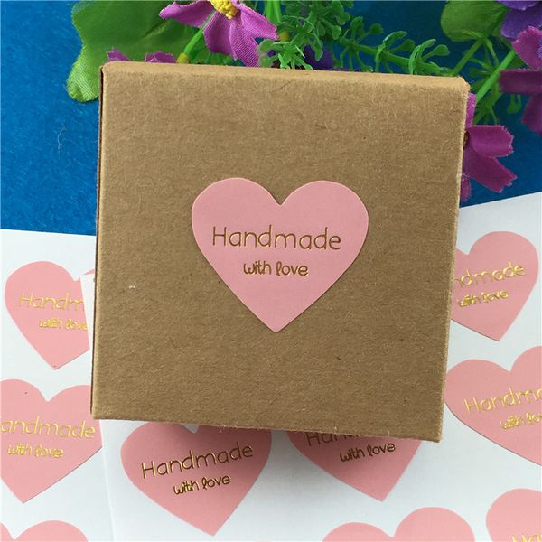 

25pcs/lot two size brown rectangular paper box with thermoprinting handmade with love thank you stickers for valentine`s day box