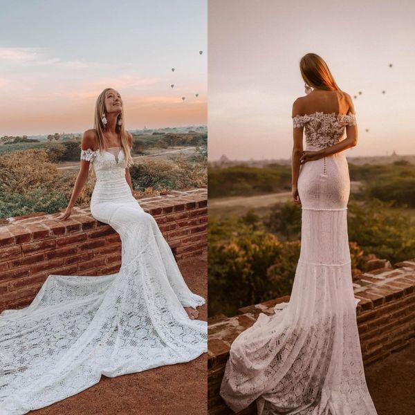 

2020 robe de mariee white lace mermaid bridal wedding dresses off the shoulder wedding gowns beach boho slim bridal dress