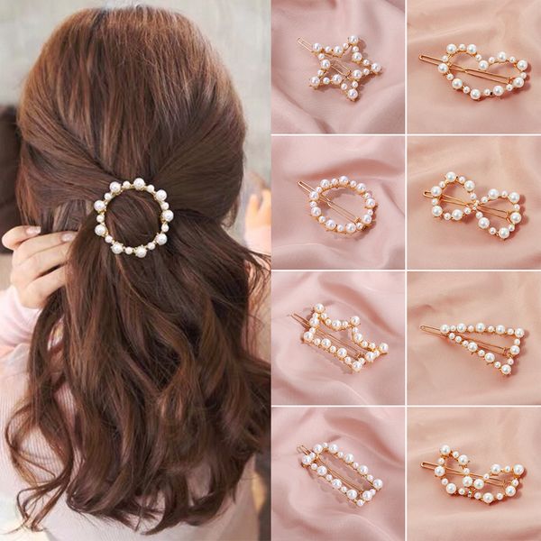 

1pc popular korea fashion imitiation pearl hair clip snap barrettes women girl handmade pearl flowers hairpins hair accessories, Golden;white