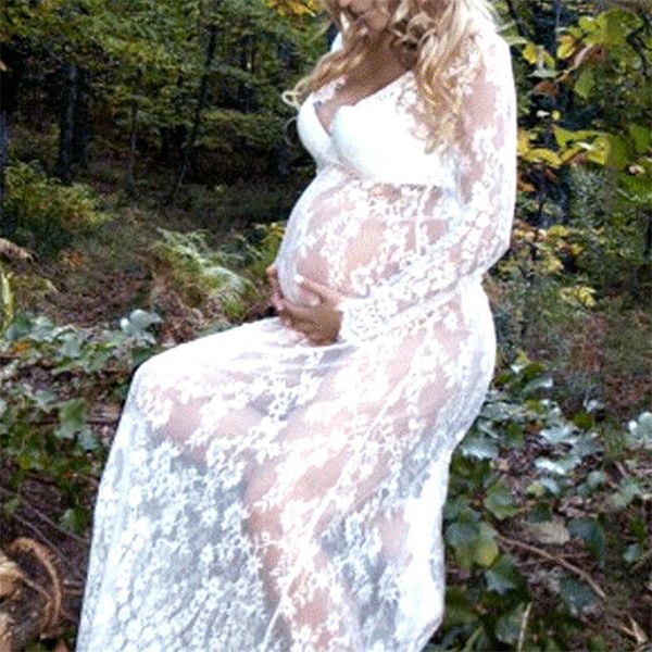 

pregnant women lace dress 2019 new maternity hollow out slit long maxi dresses deep v neck dress pgraphy props, Black;gray