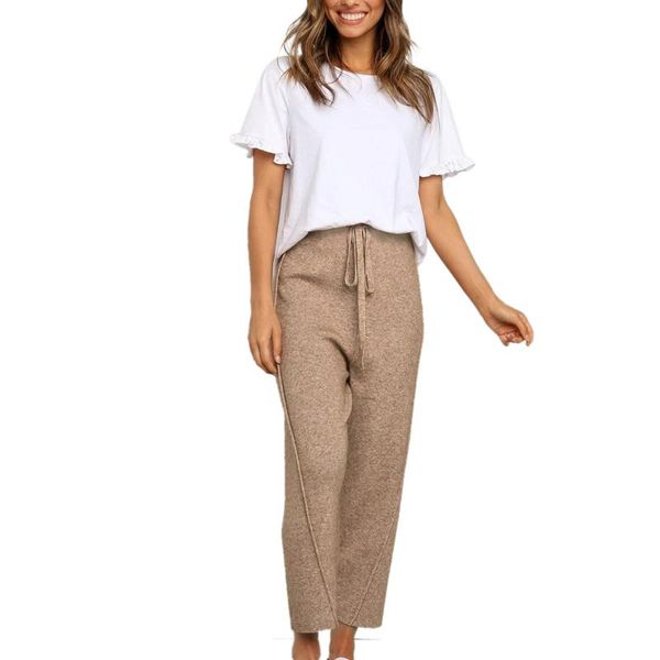 

women's pants & capris women fashion knitted casual trousers girl korean waist bandage solid color straight long, Black;white