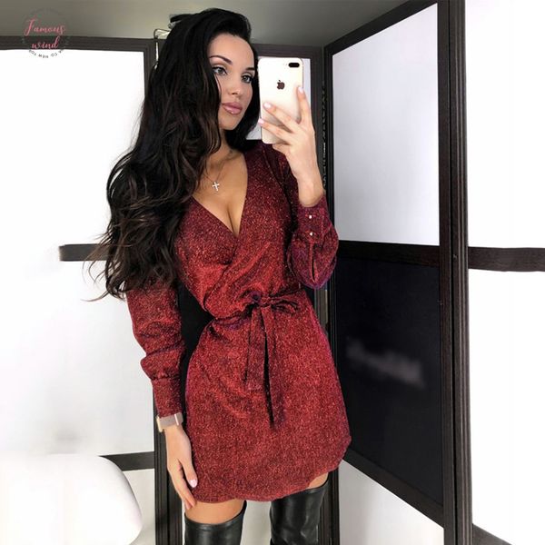 

2020 womens fashion red silver gold sparkle dress v neck long sleeved belt tunic dresses spring fall nightclub vestidos, Black;gray