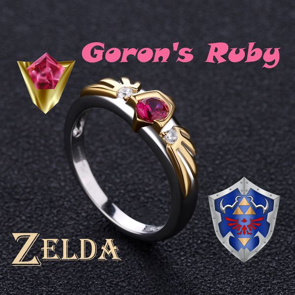 

the legend of zelda ocarina of time link spiritual stones gorons ruby sterling 925 silver valentine's day gift engagement ring, Golden;silver