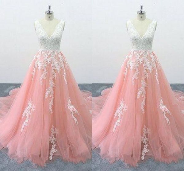 Beyaz Dantel Pembe A-line Gelinlik Uzun 2020 Aplike İmparatorluğu Bel Gerçek Görüntü Gelinlikler Artı Boyutu Gelinlik Vestidos De Novia