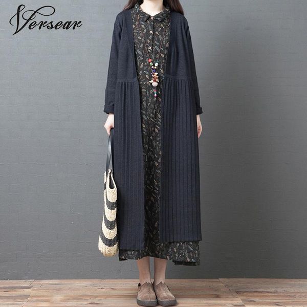 

versear 2020 women cardigan open front long sleeve stripes splicing loose gown maxi spring autumn retro outerwear female coats, Tan;black