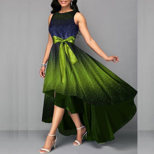 

plus size office dress large size party dress bow star print sleeveless tie bow irregular large long elegant summer, Black;gray