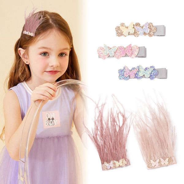 

3/6/12pcs handmade feather side hair clip glitter heart butterfly hairpin ostrich girls party dance dress collocation barrettes, Slivery;white