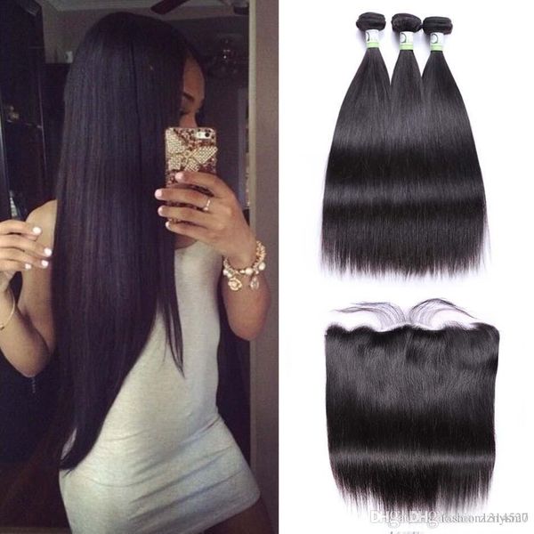

straight hair bundles with frontal non-remy human hair bundles with closure brazilian hair weave bundles with closure, Black