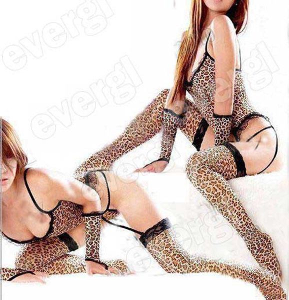 

leopard nightwear lingerie stripper costume garter thong gloves stockings set one size costume