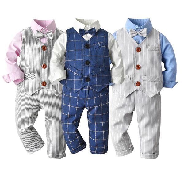 

3 sets autumn and winter children's clothing boy gentleman long-sleeved shirt + vest + trousers performance clothes baby birthday cloth, White