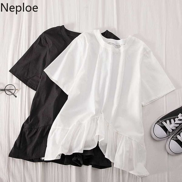 

neploe korean solid sweet graphic tees women short sleeve o neck t-shirts 2020 summer irregular ruffle patchwork t shirt 4c483, White