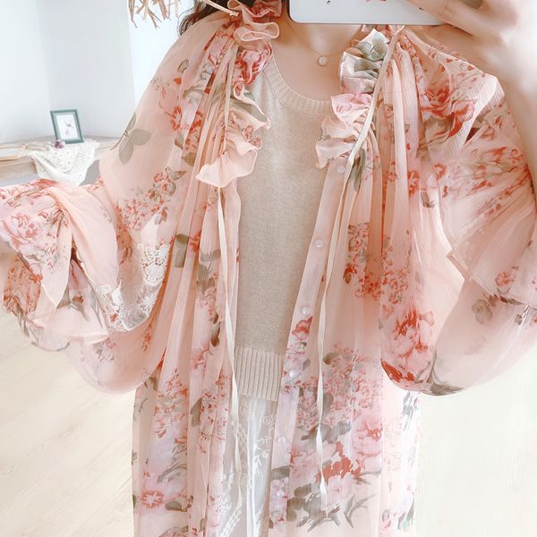 

2019 blusas plus size blusa women's chiffon cardigan shirt retro court lantern sleeve long sun for protection women, White