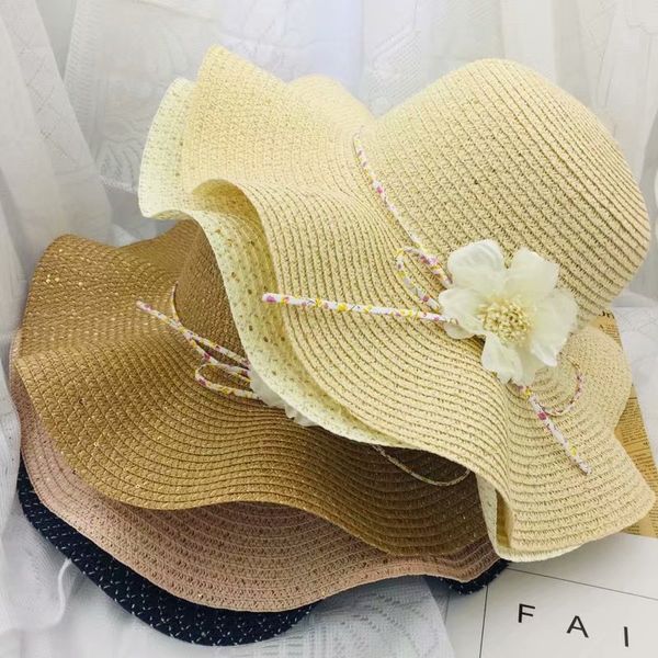 

2019 new fashion women sun caps wavy straw hat beach casual flower bow caps, Blue;gray