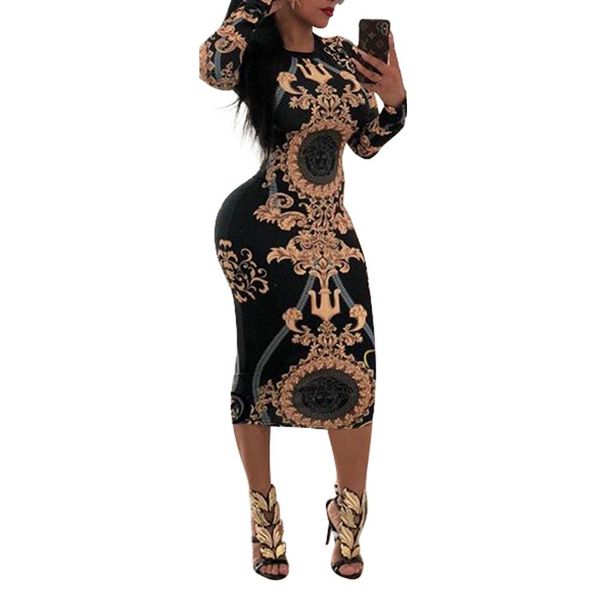 

Fashion Long Sleeve Round Neck Evening Party Bodycon Women Printed Midi Dress hot