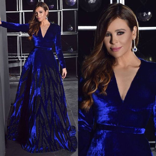 

royal blue velvet prom formal dresses with long sleeve 2020 modern beaded cut keyhole v-neck arabic caftan kaftan evening gown vestidos de f, Black