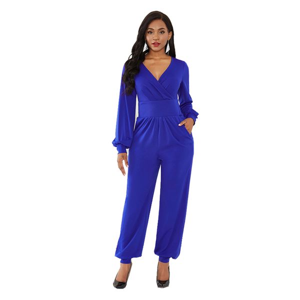

autumn fashion v neck lantern sleeve long pant jumpsuit women elegant wide leg romper winter office lady overalls plus size, Black;white