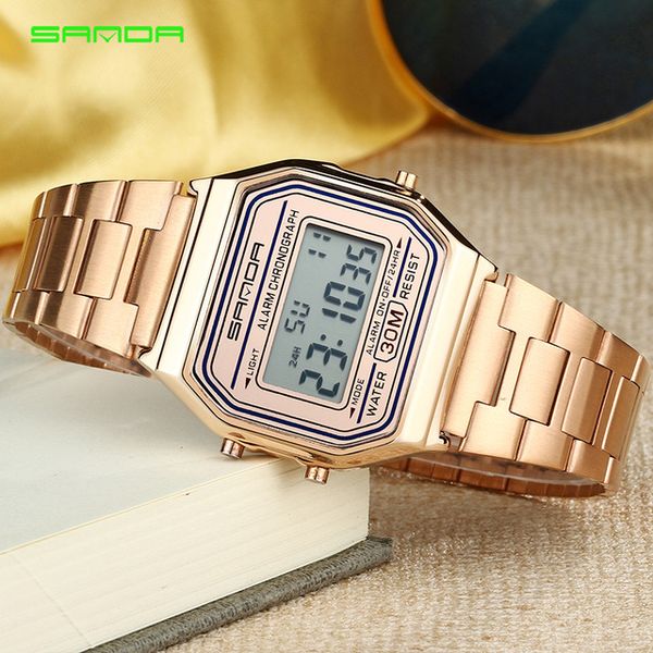 

gold men's watches led digital watch men square fashion waterproof luminous rose golden clock steel strap relogio masculino, Slivery;brown