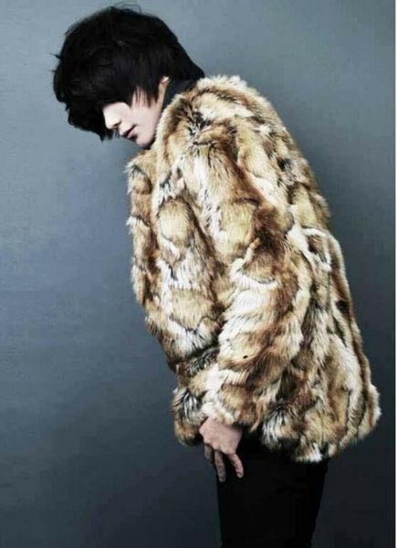 

chic мужчины зима шуба из искусственного меха куртки теплый outwear leopard casual coat, Tan;black