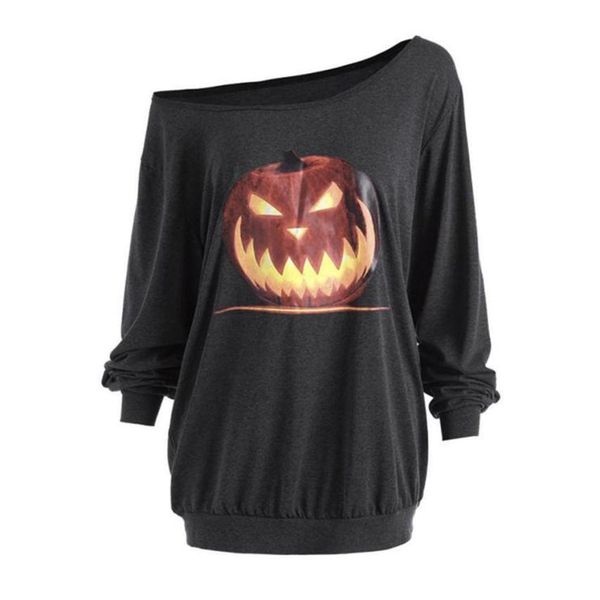 

fast sending women plus size long sleeve halloween angry pumpkin skew neck tee blouse halloween party drop shipping c820, Black;red