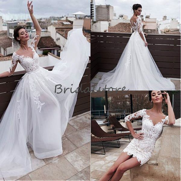 Vintage 2 em 1 Vestidos De Casamento Curtos Com Saias Destacáveis ​​Manga Comprida Sheer Neck Lace Botão Voltar País Boêmio Vestidos De Noiva Barato 2019