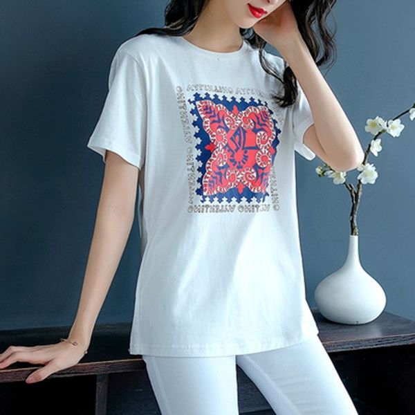 

2020 printed short-sleeved midi casual loose 2020 women's printed short-sleeved women's t-shirt t-shirt midi casual loose top, White