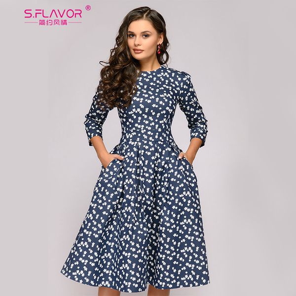 

s.flavor french style vintage dress for women elegant floral printed slim spring a-line vestidos classic women party dresses, Black;gray