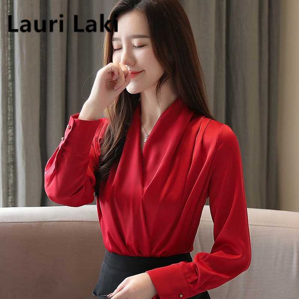 

v-neck blouse women elegant satin long sleeve shirt mujer femme office shirt black white women and blouse 2020