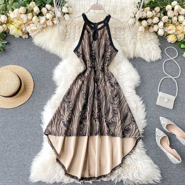 

урожай 2020 недоуздка шея тонкий сексуальные кружева крючок нерегулярная миди длинных платья партии лета танк сарафана женщина элегантный пл, Black;gray